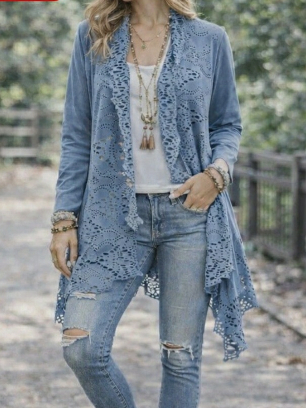 Light Blue Women's Openfront Laser-Cut Lace Cardigan Sweater